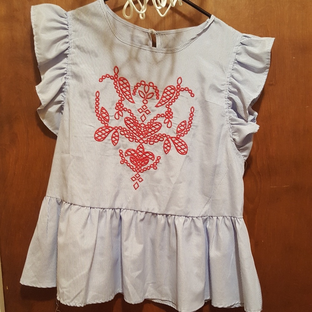  Striped Embroidery Ruffle Peplum Top